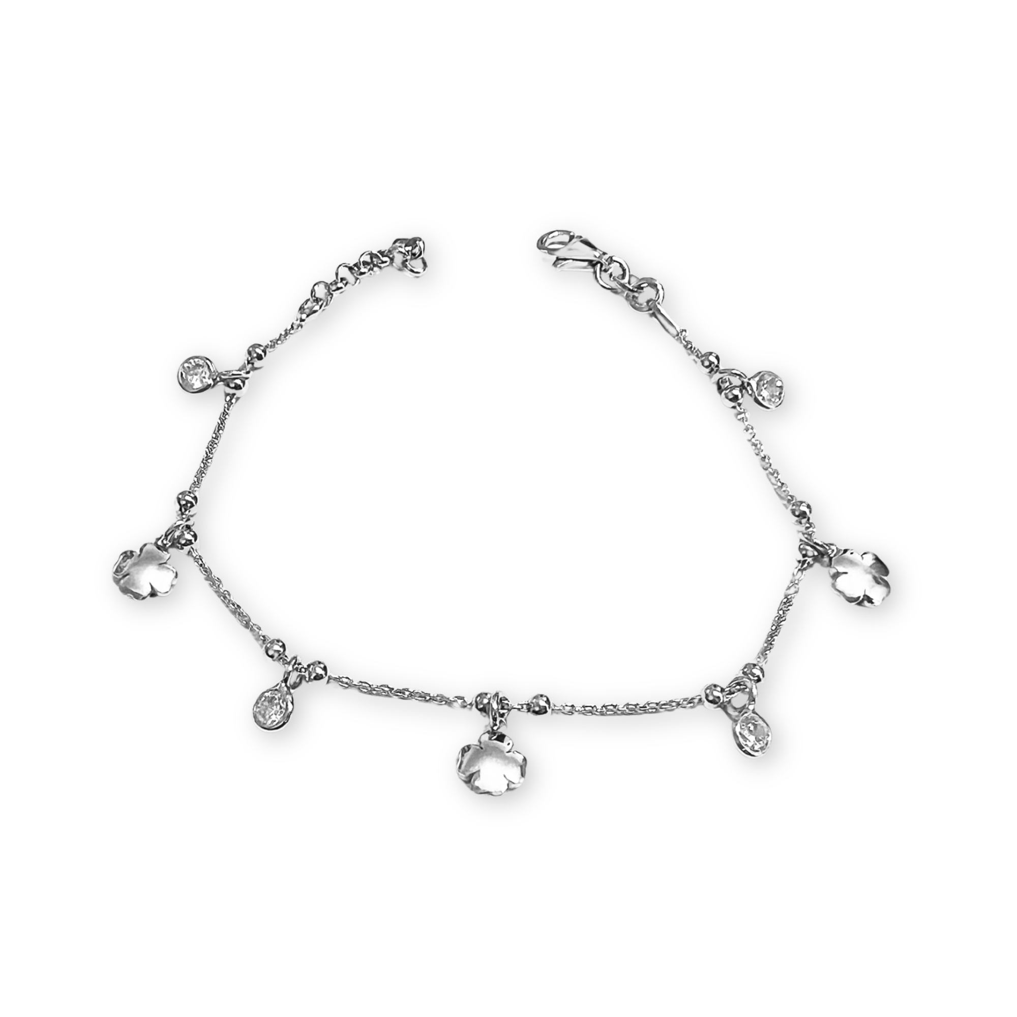 Bracciale con punti luce e quadrifogli pendenti in argento