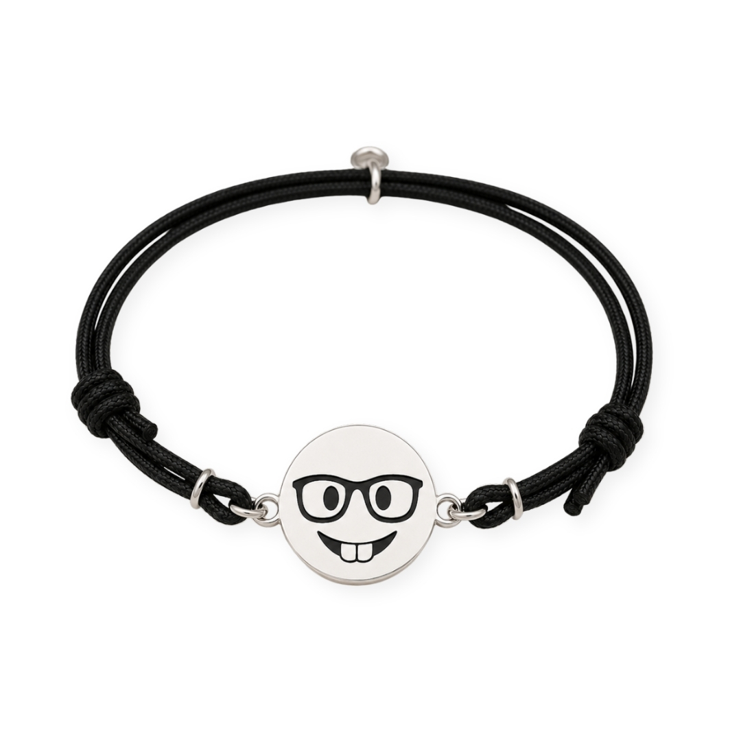Bracciale Emoji Nerd in Argento 925 con cordoncino marino nero regolabile Breezy