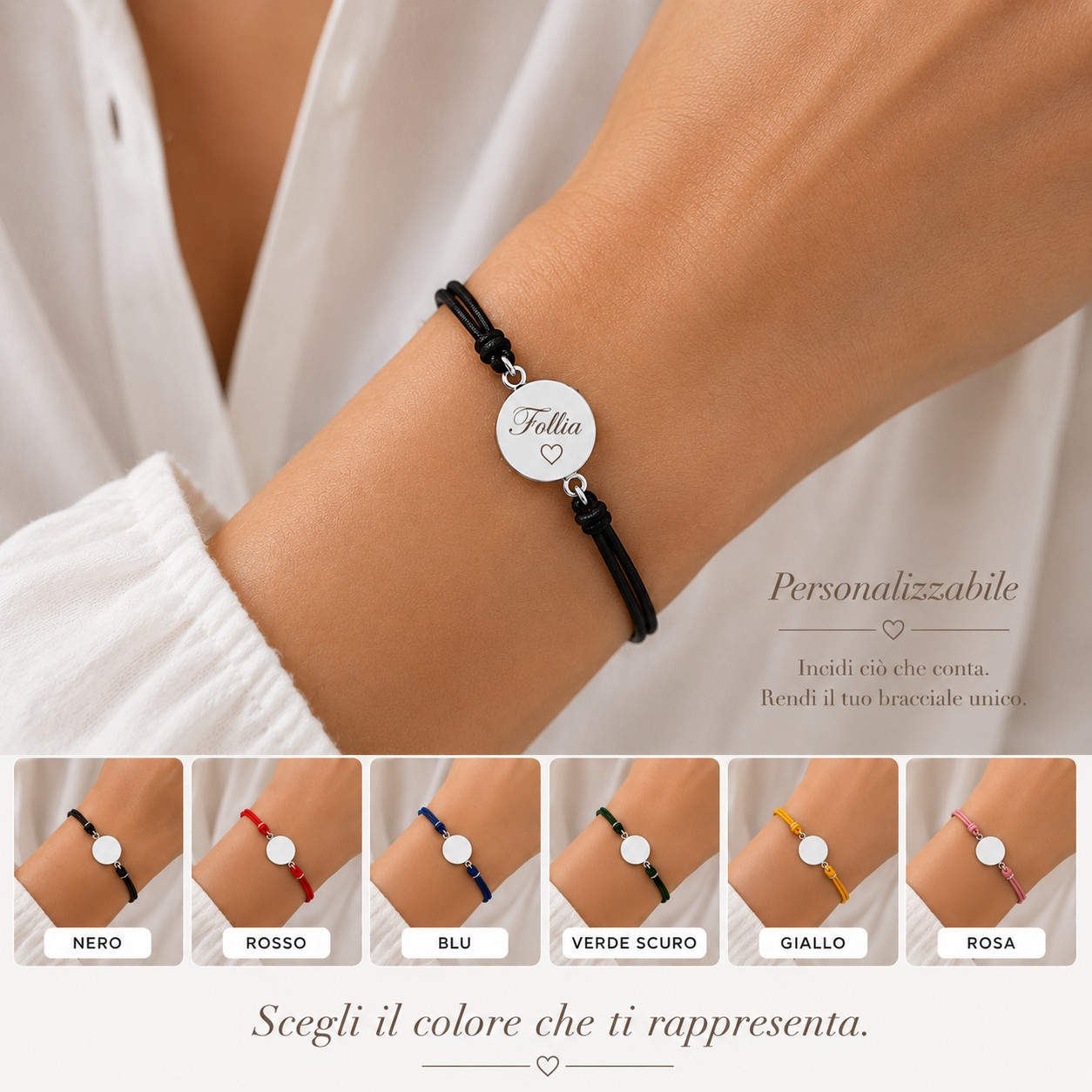 Bracciale personalizzabile in Argento 925 con cordoncino marino colorato Breezy, indossato donna