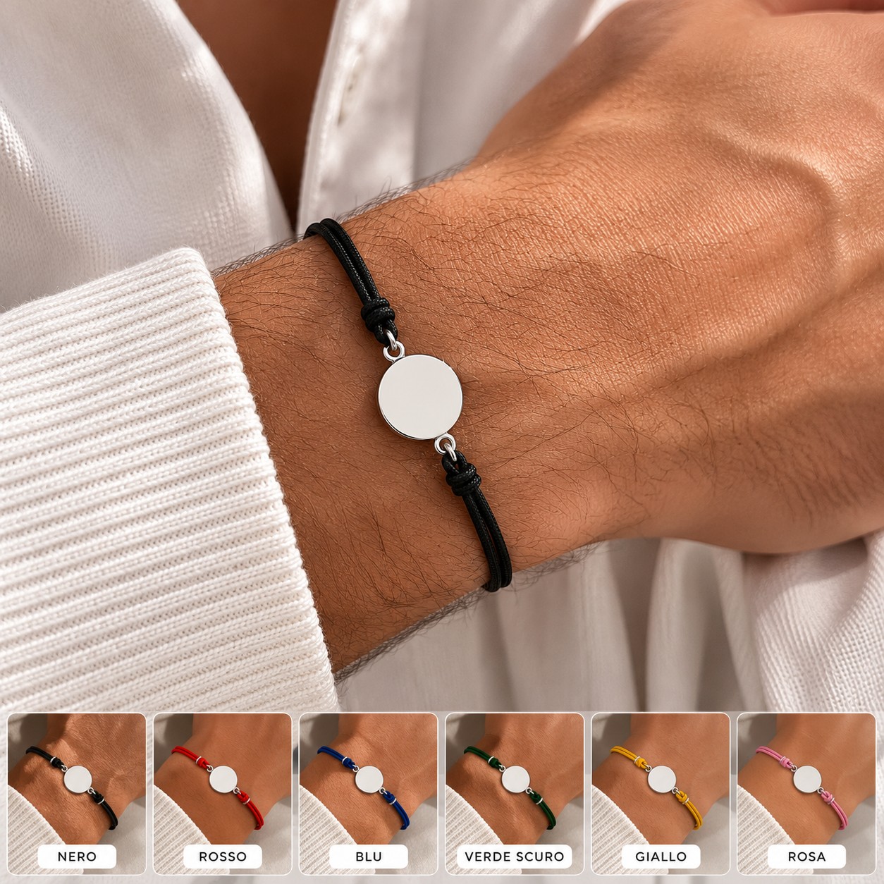 Bracciale personalizzabile in Argento 925 con cordoncino marino colorato Breezy, indossato uomo
